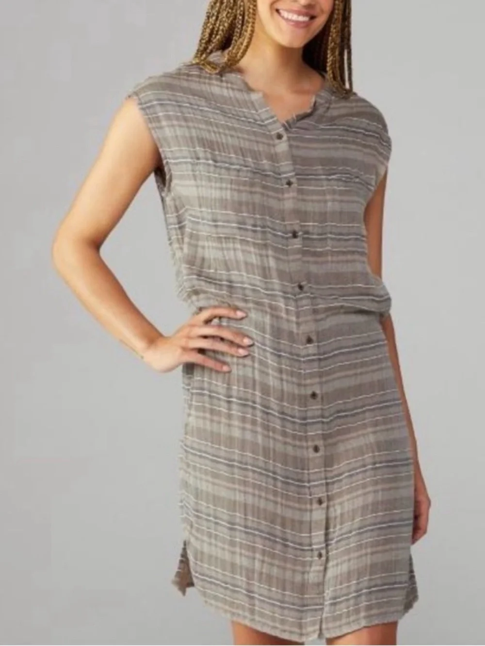 Prana Striped Sleeveless Shirt Dress in Taupe and Light Gray